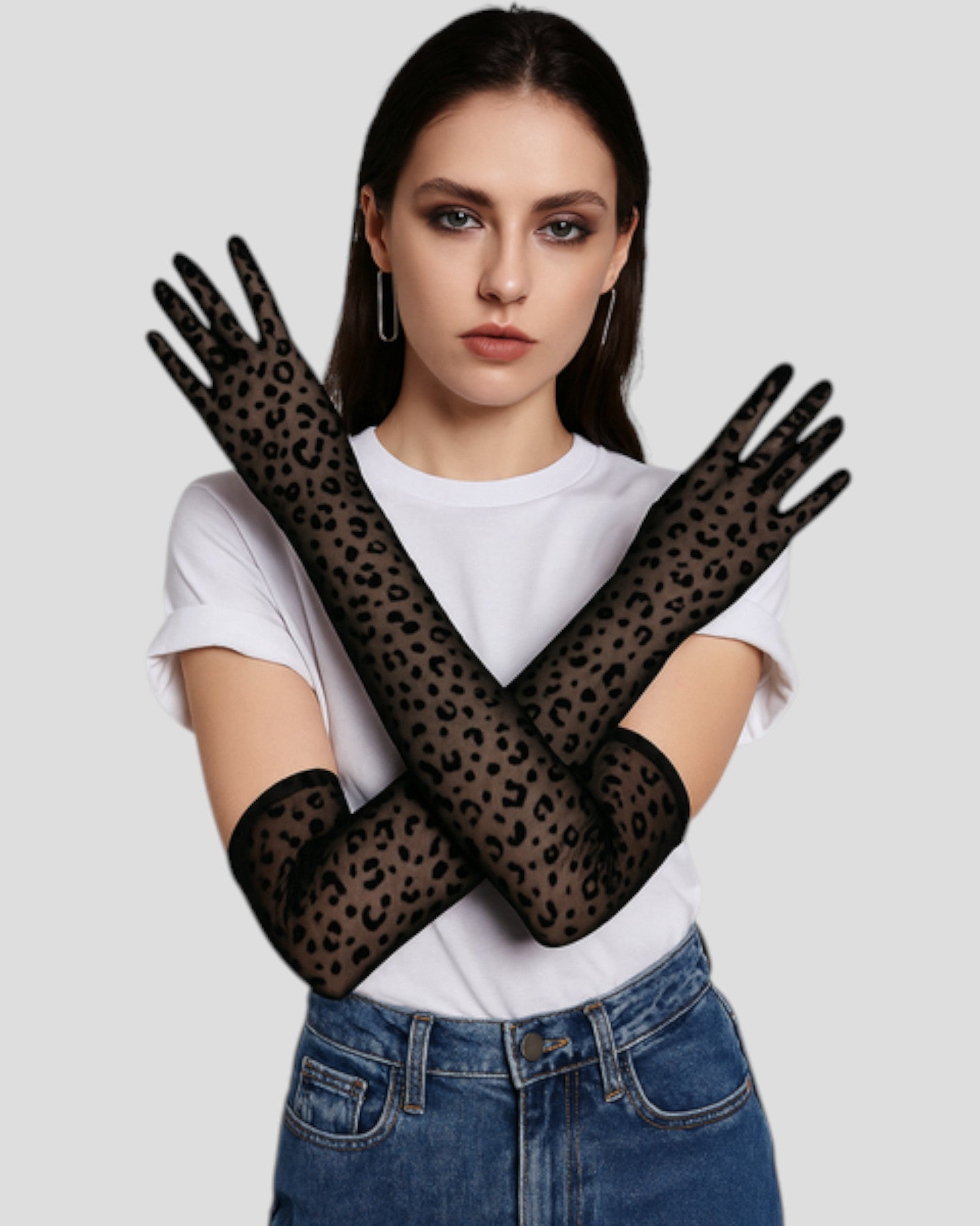 Queen Leopard Print Sheer Mesh 55cm Opera Length Glove