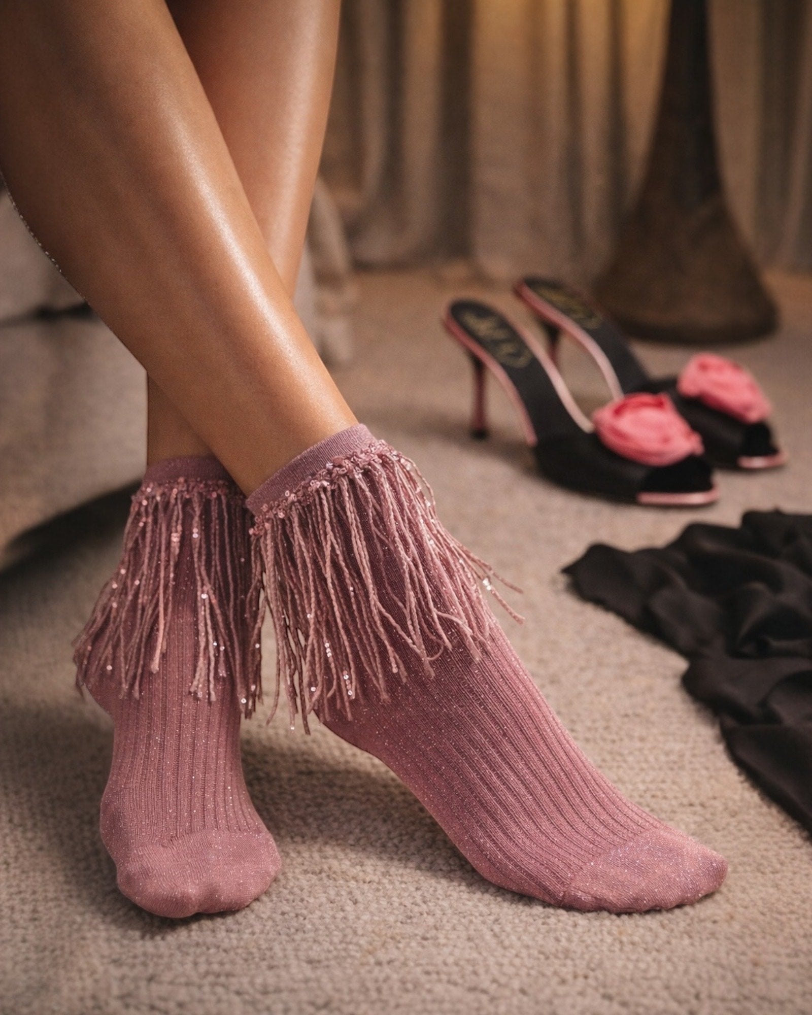 Stevie Metallic Lurex Socks With Glitter Fringe