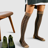 Houndstooth Knee High Socks - Tan