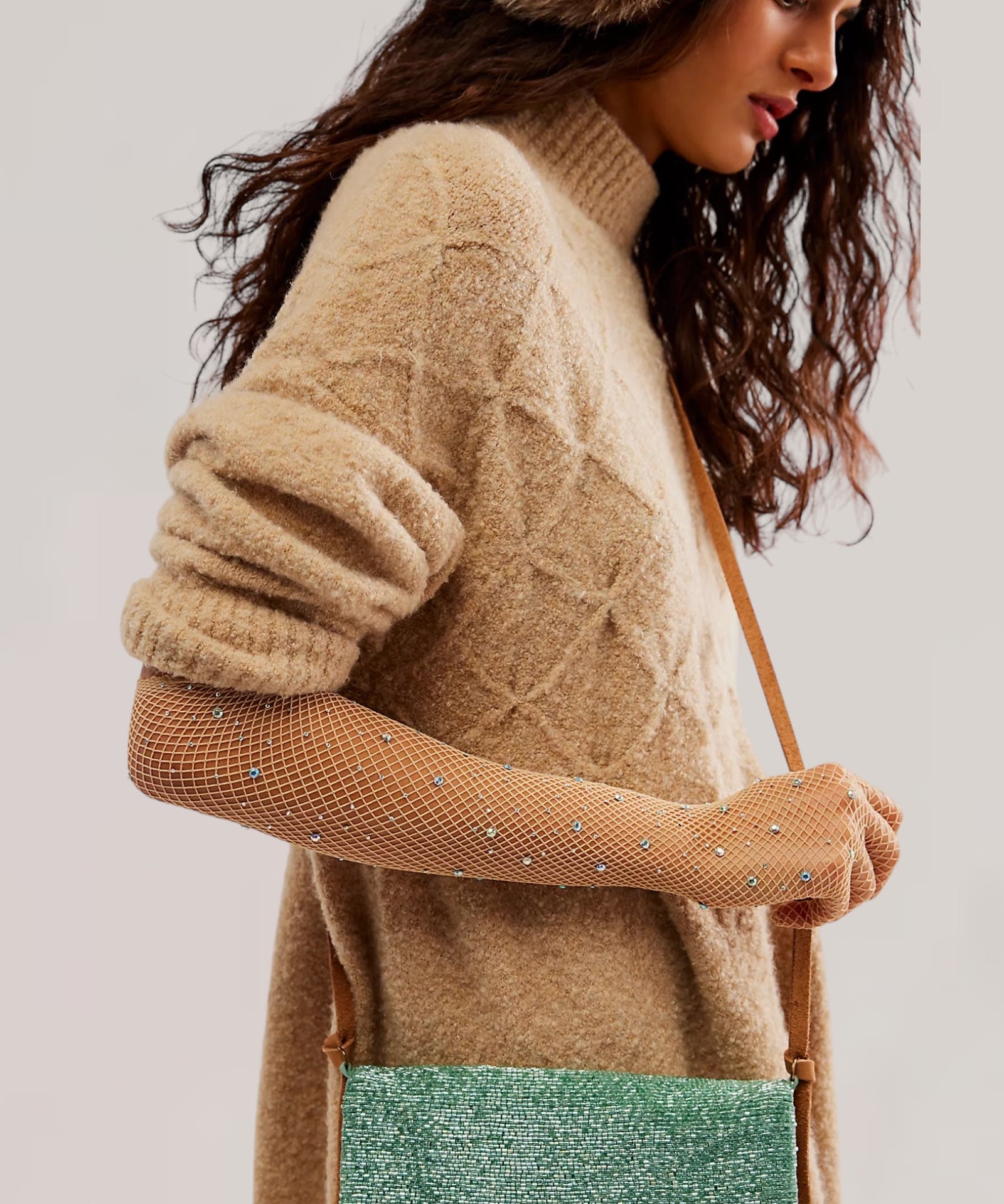 Glitter Fishnet Opera Glove - Nude