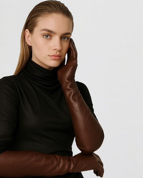 Florence Lambskin Leather Opera Length Gloves - Chocolate Brown