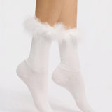 Frou-Frou Feather Trimmed Combed Cotton Socks