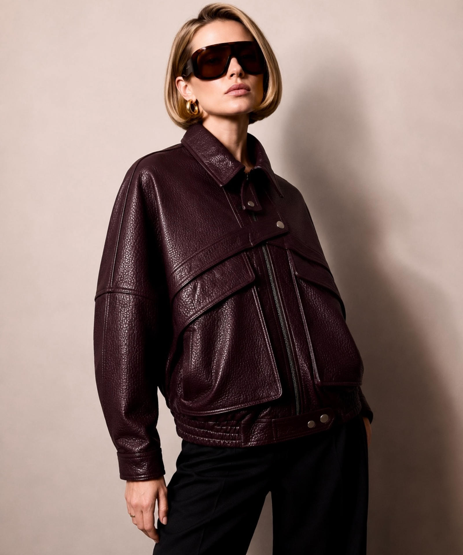 Margot Textured Nappa Leather Jacket — Deep Burgundy