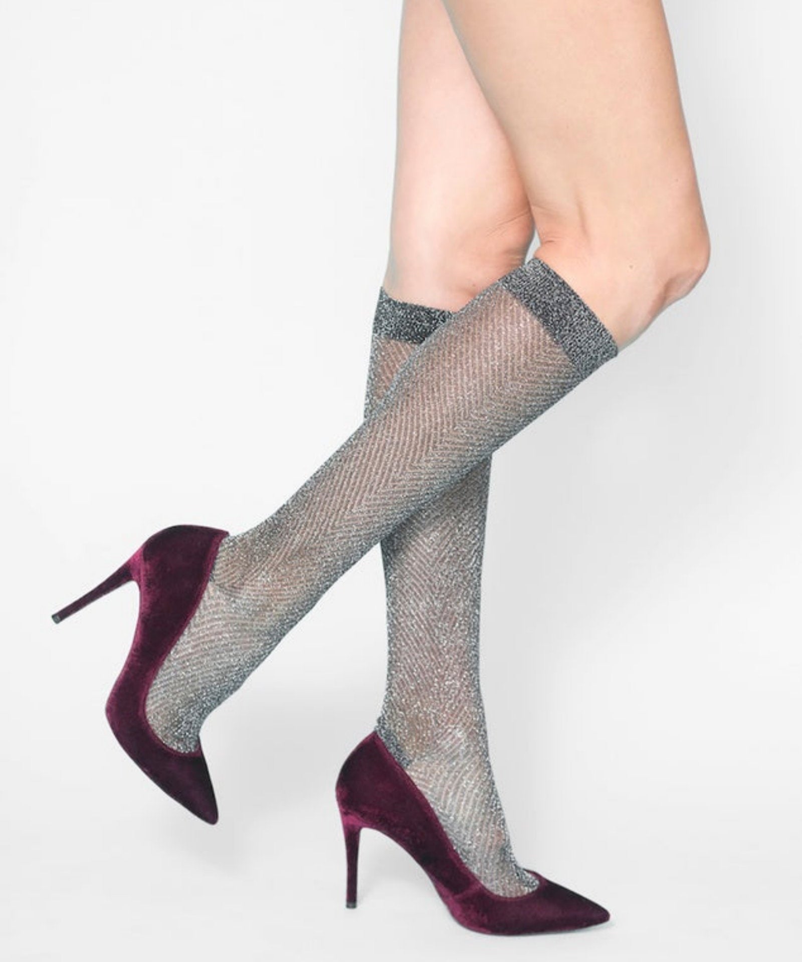 Herringbone Lurex Knee High Socks