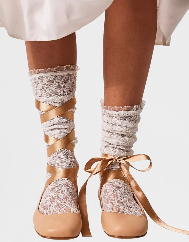 Lace Knee High Socks - White