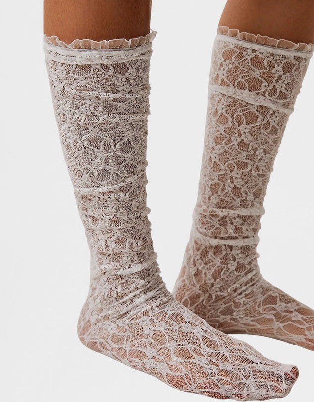 Lace Knee High Socks - White | High Heel Jungle