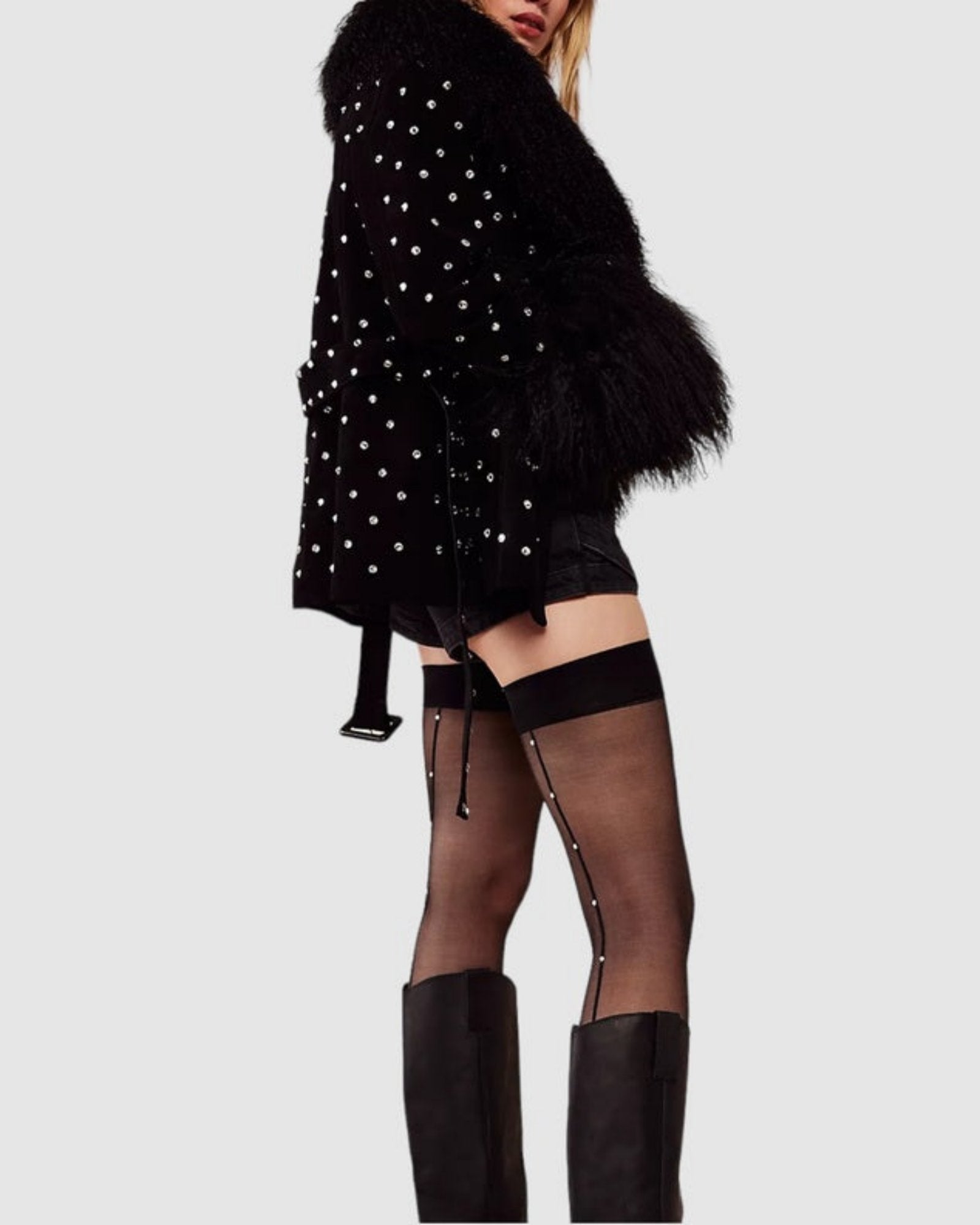 Glitter Seam Thigh High Socks - Black