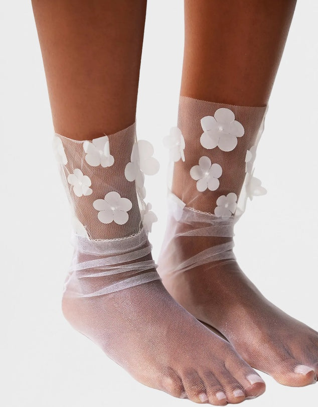Silk Butterfly Embellished Tulle Socks Bridal Socks White Sheer