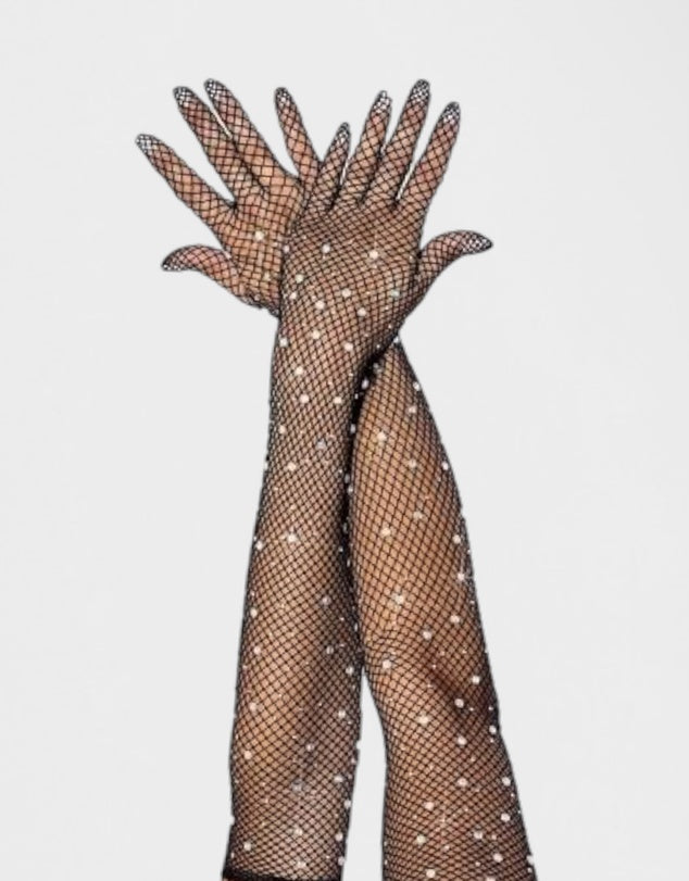 Glitterfishnet Crystal Opera Glove - Black